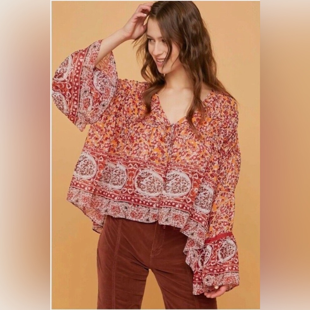 NWT FREE PEOPLE Lorraine Tie Front Kimono top In Mustard